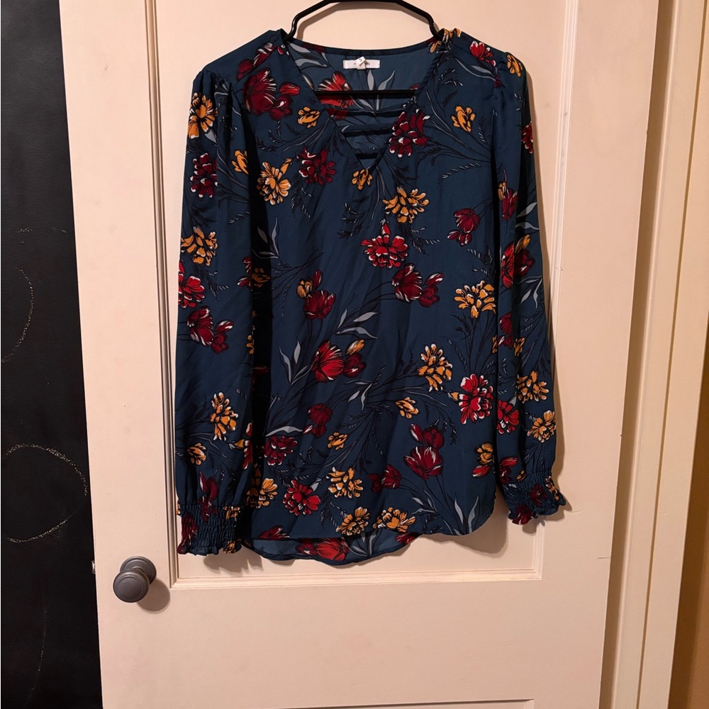 Maurices Navy Blouse with Red and Yellow Floral Design